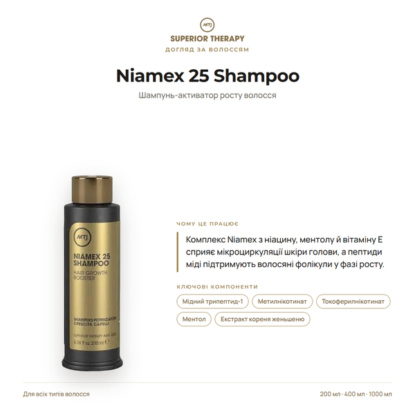 Шампунь-активатор росту для усіх типів волосся - MTJ Cosmetics Superior Therapy Niamex 25 Shampoo 200ml 2 фото