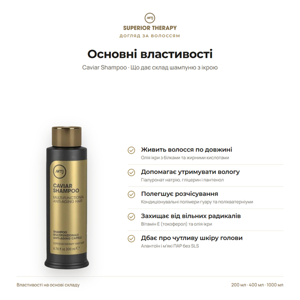 Багатофункціональний антиоксидантний лікувальний шампунь - MTJ Cosmetics Caviar Shampoo 200ml 2 фото